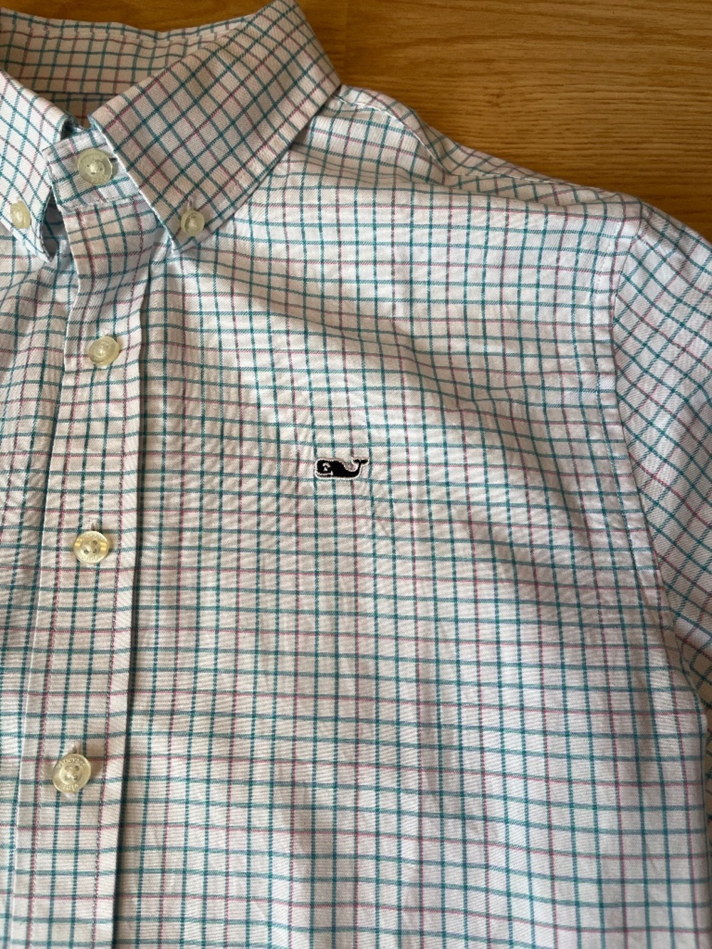 Vineyard Vines Boys Blue & Pink Checkered Long Sleeve Button Down Collar Shirt
